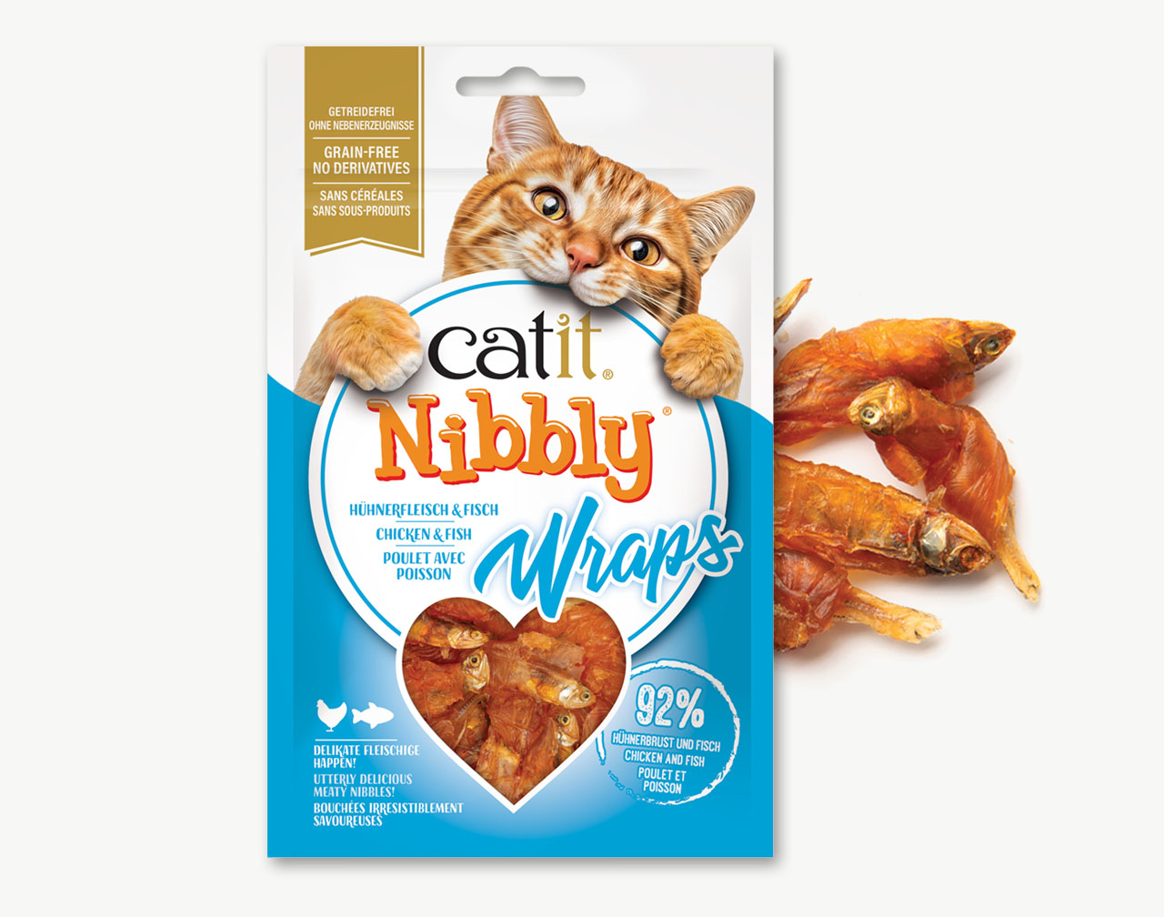 Catit Nibbly Wraps chicken and fish cat treats packaging featuring a cat and a heart-shaped window showing the treats