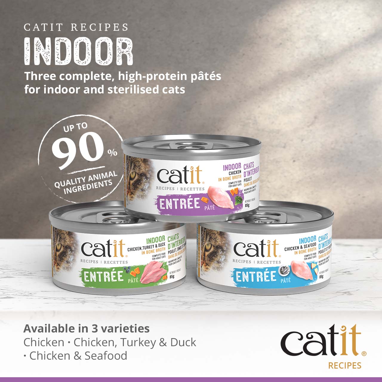 Catit Indoor pâté cat food in three varieties: Chicken, Chicken, Turkey & Duck, and Chicken & Seafood