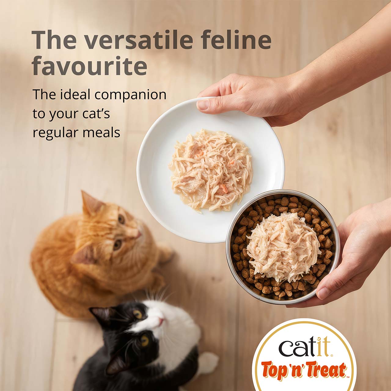 Catit Top 'n' Treat advertisement showing a person adding a shredded meat topper to a bowl of dry cat food for two cats