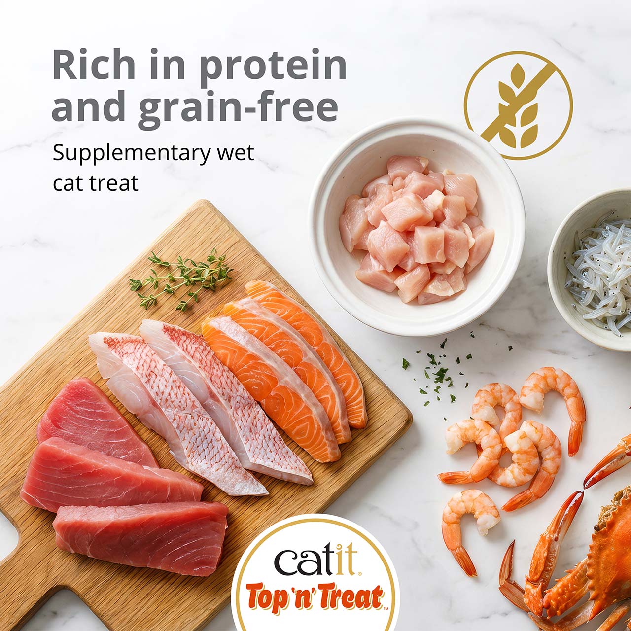 Catit Top n Treat is a grain-free, protein-rich supplementary wet cat treat featuring fresh fish, shrimp, and chicken