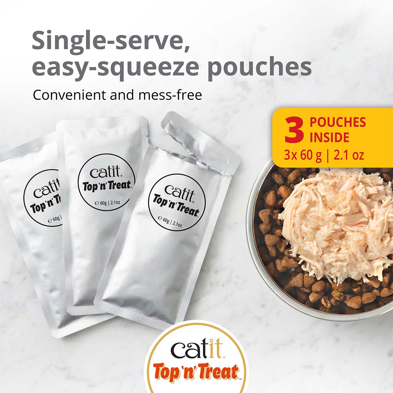 Catit Top 'n' Treat single-serve, easy-squeeze pouches, sold in a pack of three 60g portions for cat food topping