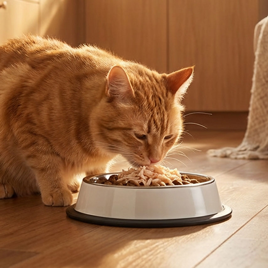 An orange tabby cat eating wet food from a white bowl on a wooden floor