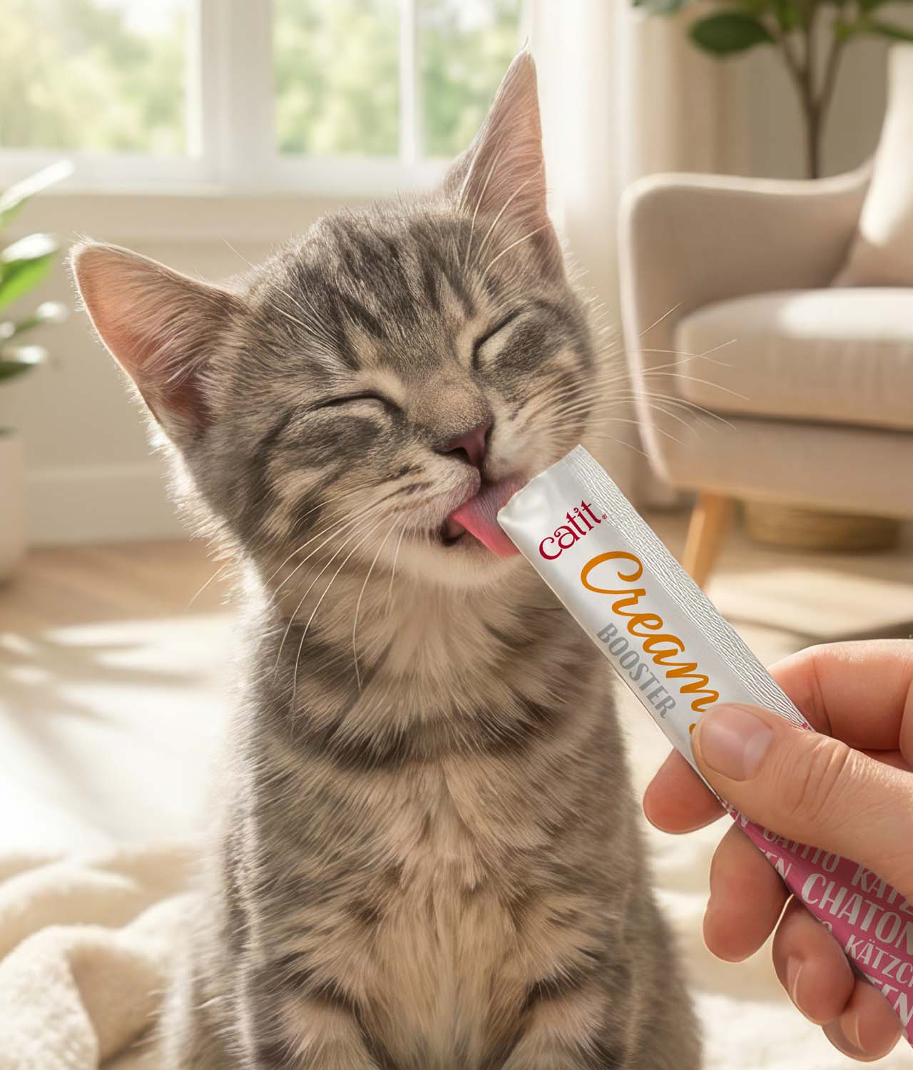 A kitten happily licking a Catit Creamy Booster treat from a tube held by a person