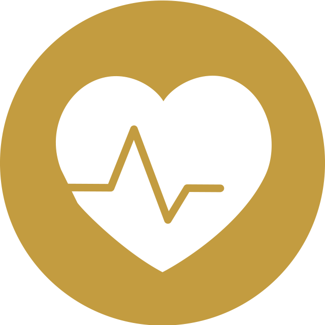 Gold circle icon featuring a white heart with an EKG pulse line through the center