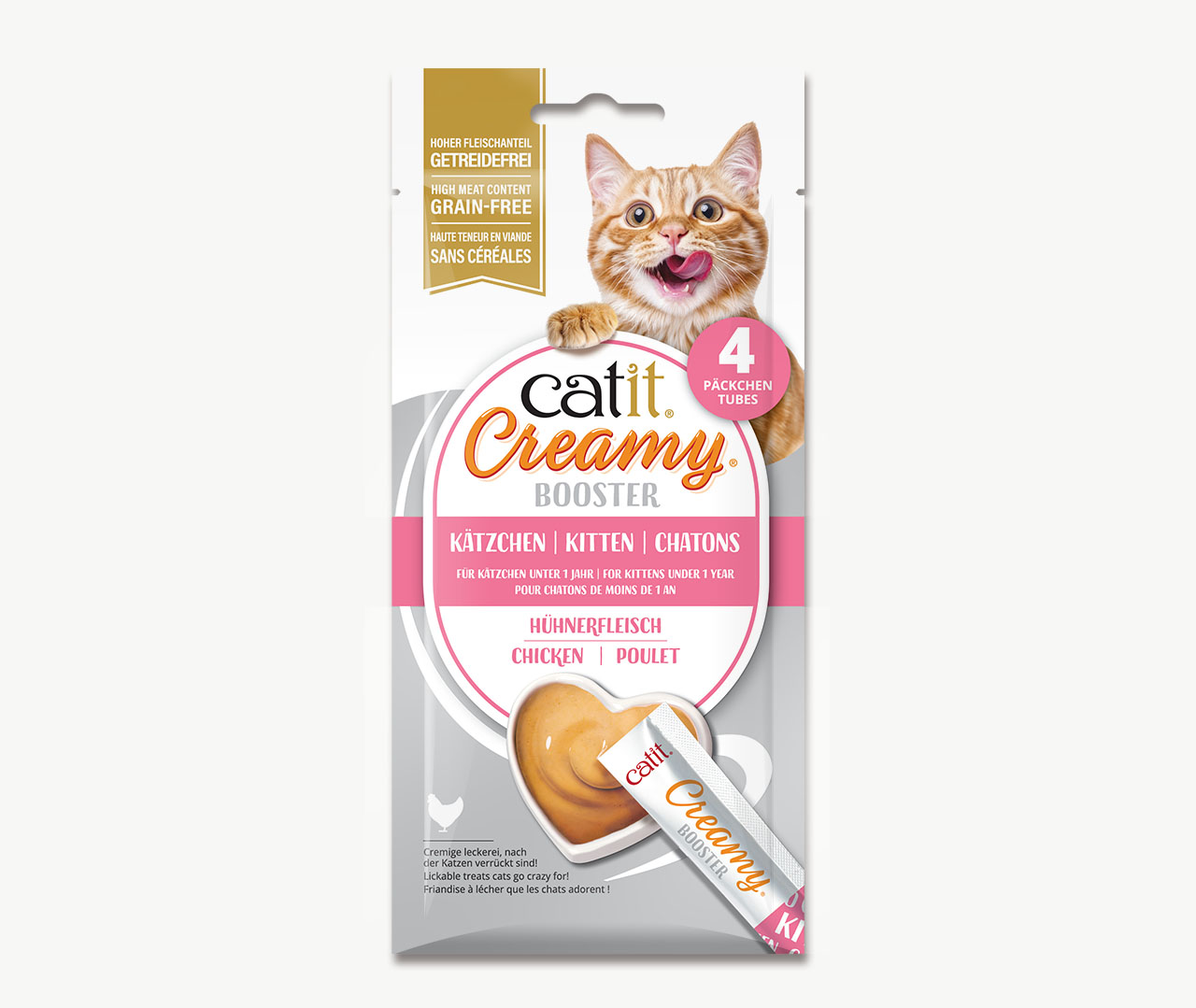 Verpackung von Catit Creamy Booster Kitten mit Hühnerfleisch, die vier Tuben mit Schlecksnacks enthält.