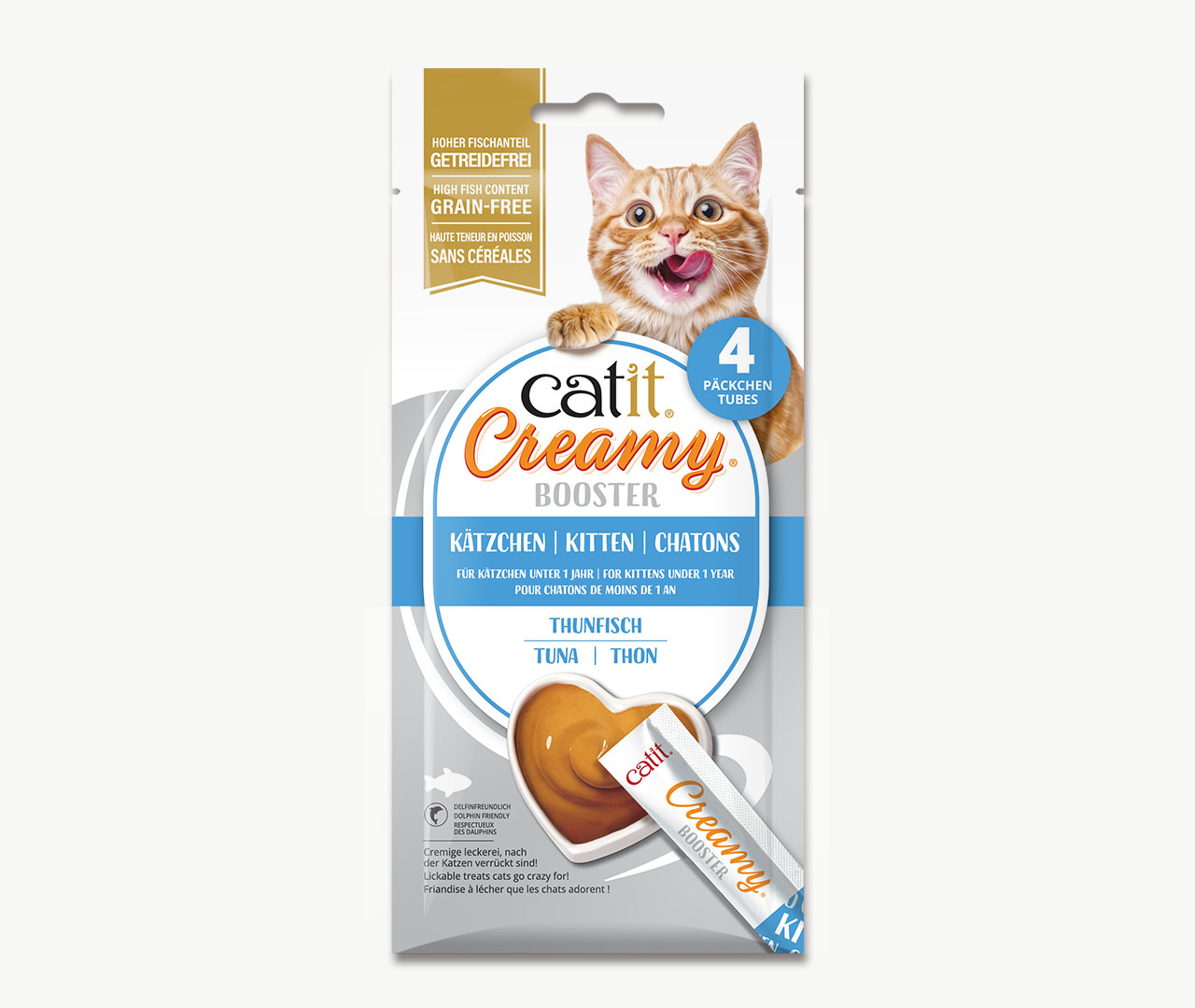Verpackung von Catit Creamy Booster Kitten mit Thunfisch, die vier Tuben mit Schlecksnacks enthält.