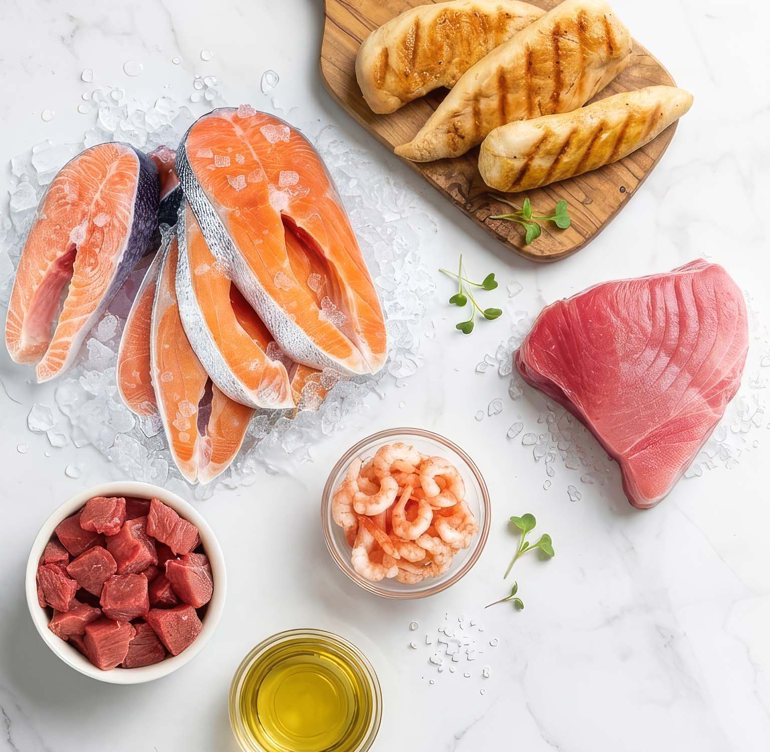 Raw salmon steaks on ice, grilled chicken, tuna, shrimp, and cubed meat with a bowl of oil on a marble surface