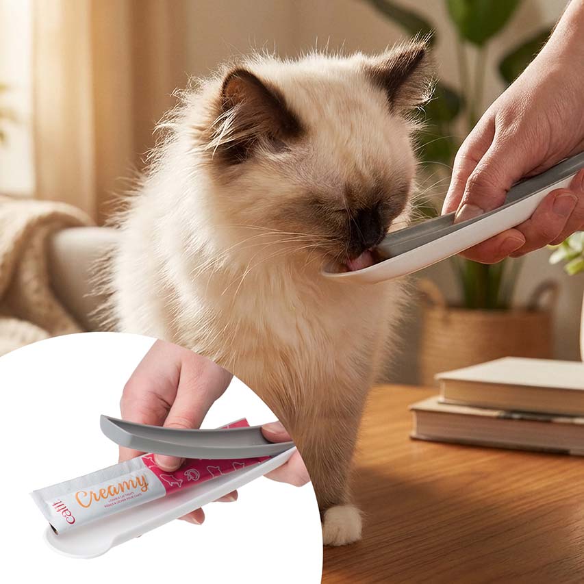 A person uses a Catit spoon to feed a creamy treat from a tube to a fluffy cat