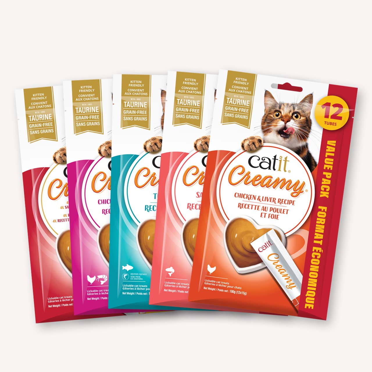 Catit Creamy lickable cat treat value pack containing 12 tubes of chicken and liver recipe