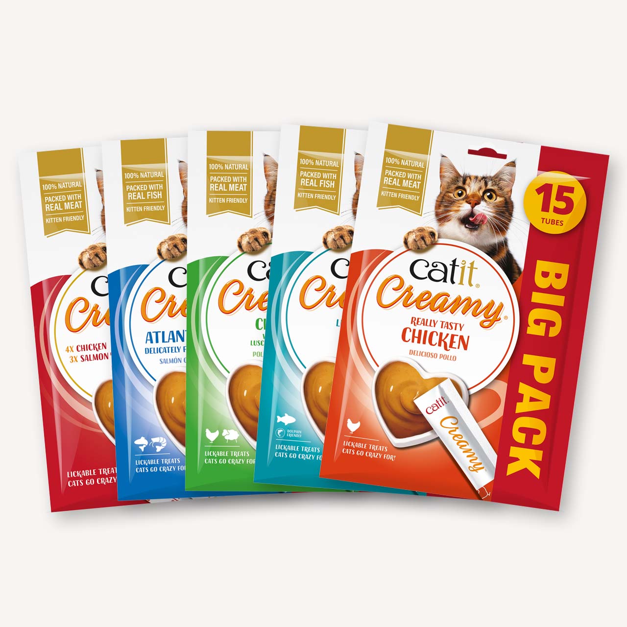 Catit Creamy lickable cat treats in a 15-tube variety pack featuring chicken and fish flavors