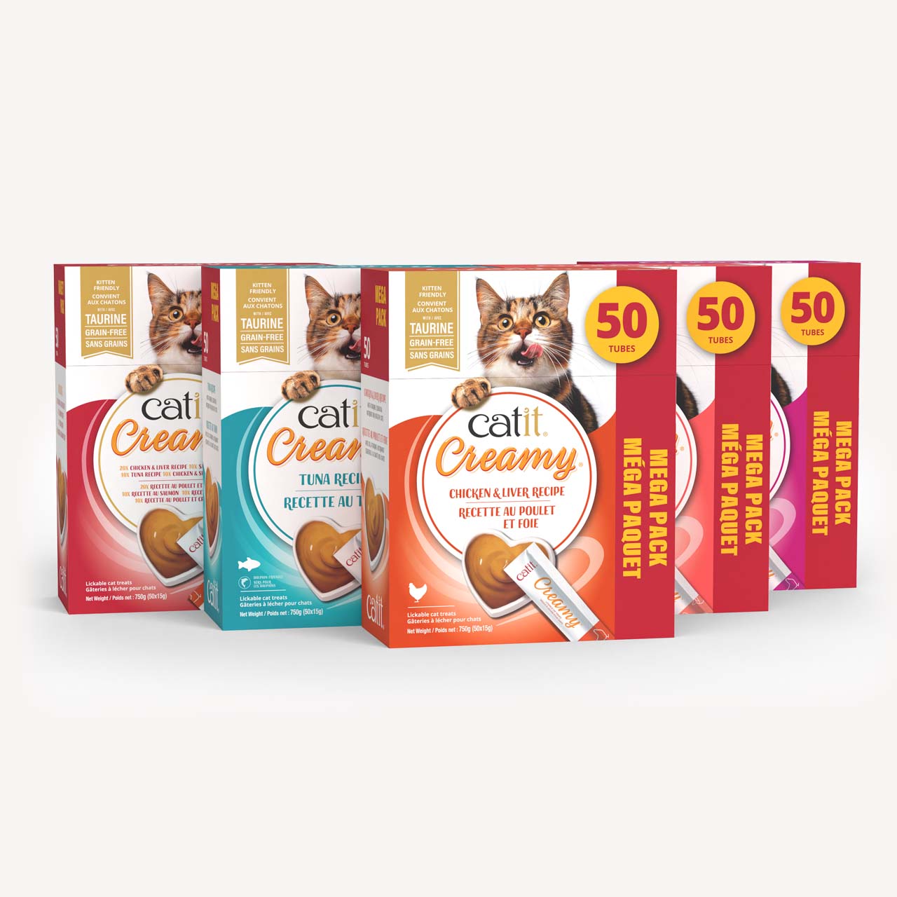 Catit Creamy lickable cat treat mega packs in various flavors, each containing 50 tubes