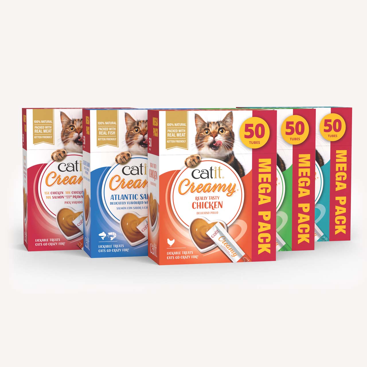 Catit Creamy lickable cat treat mega packs in various flavors including chicken and salmon