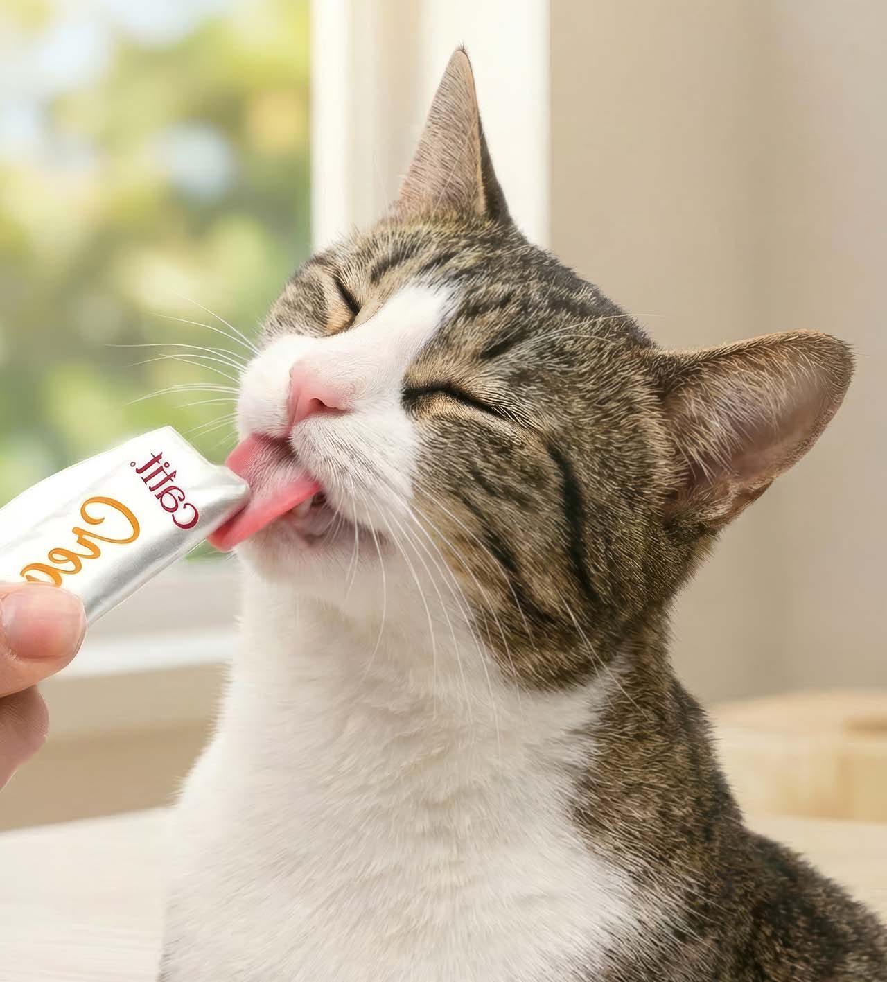 A tabby and white cat happily licking a Catit Creamy treat from a tube held by a person