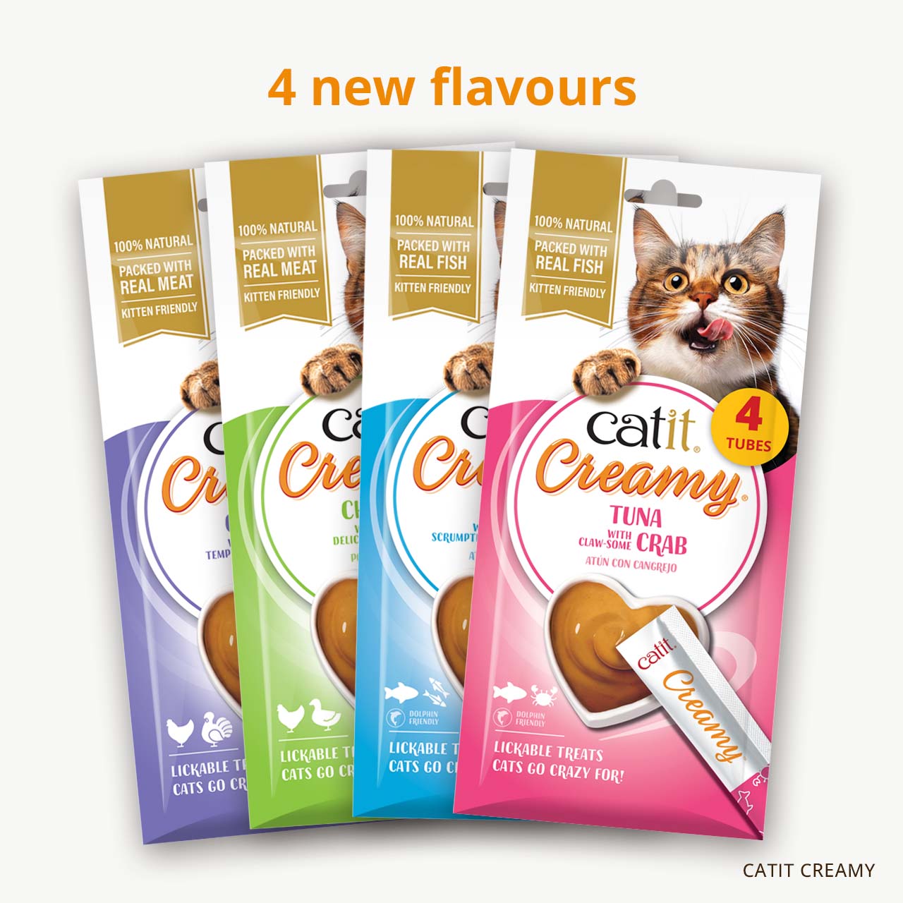 Promotional graphic for four new flavors of Catit Creamy lickable cat treats in individual packaging tubes