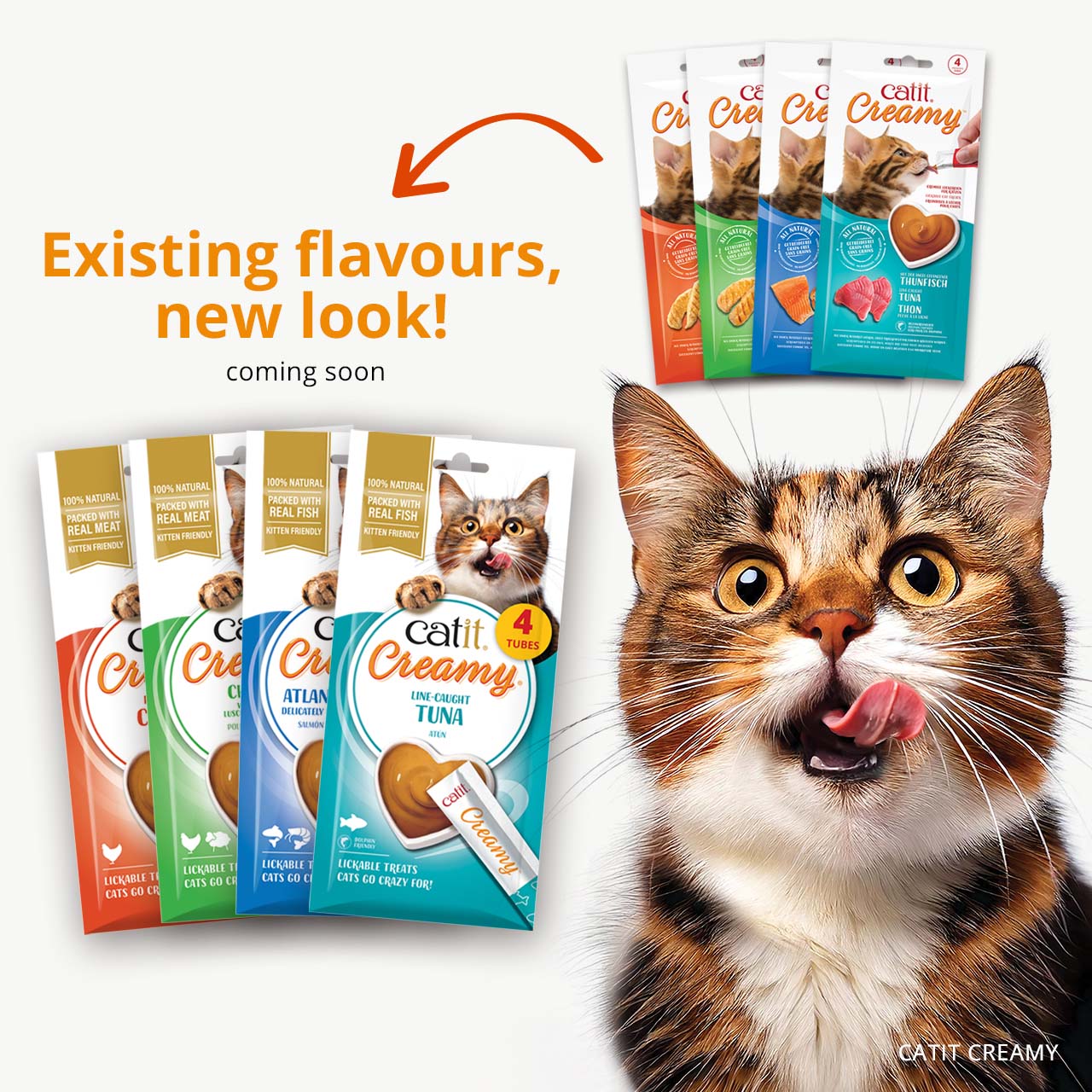 Promotional graphic announcing a new packaging design for Catit Creamy lickable cat treats