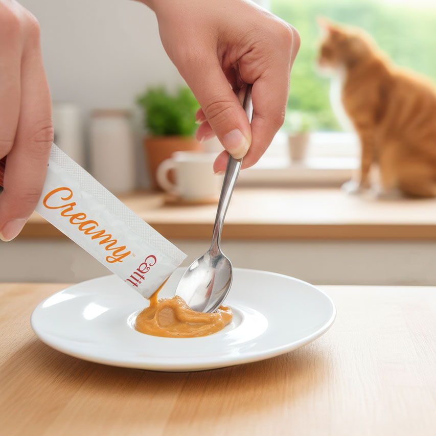 Person squeezing a Catit Creamy treat packet onto a spoon over a white plate with a cat in the background