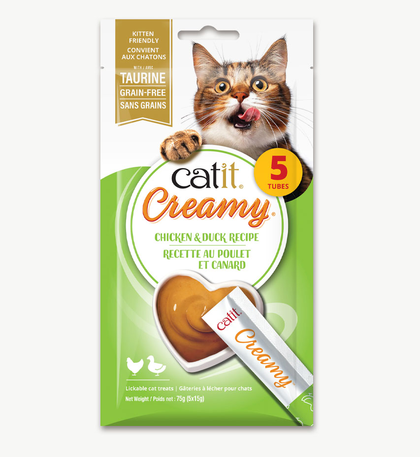 Catit Creamy chicken and duck recipe lickable cat treats packaging containing 5 tubes