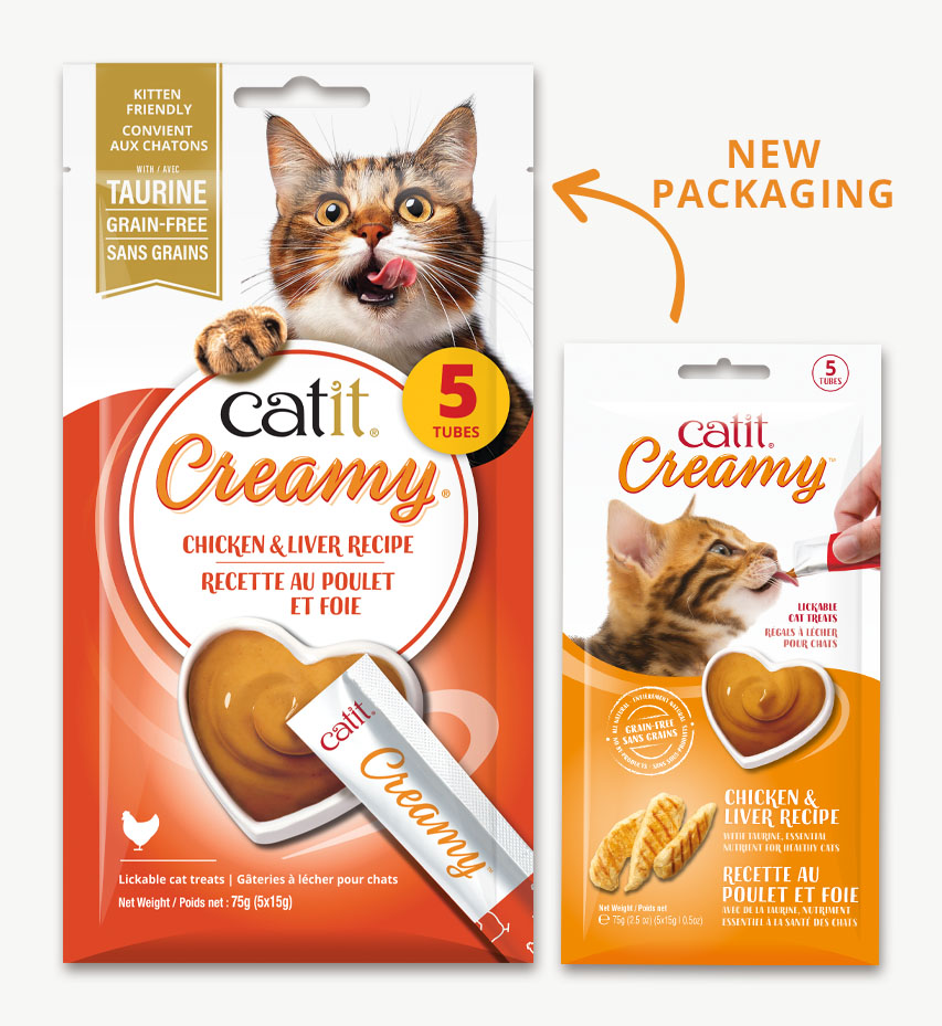 Catit Creamy Chicken and Liver recipe cat treats in old and new packaging designs