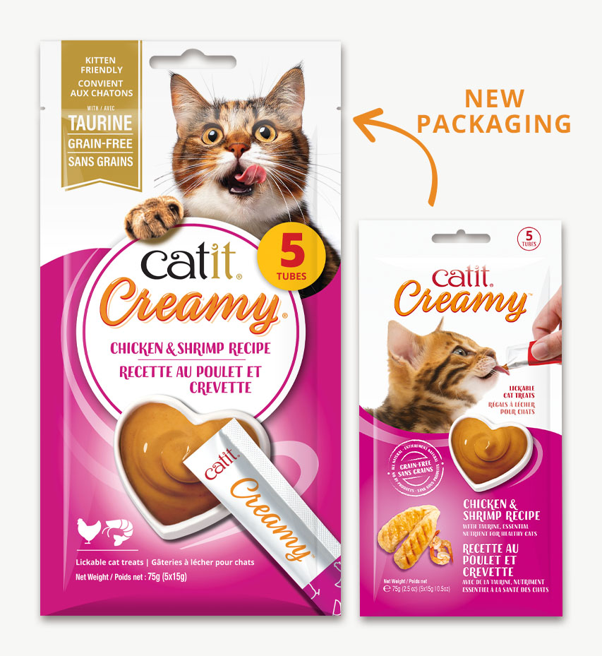 Catit Creamy Chicken and Shrimp cat treats in old and new packaging designs