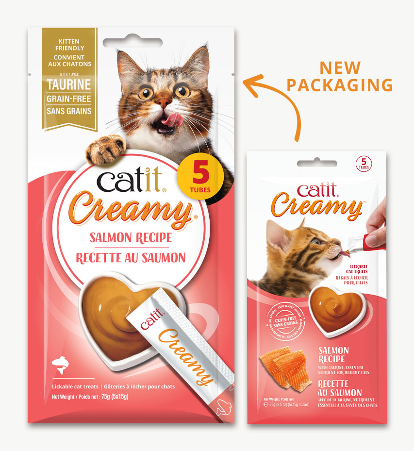 Catit Creamy Salmon Recipe cat treats in old and new packaging designs