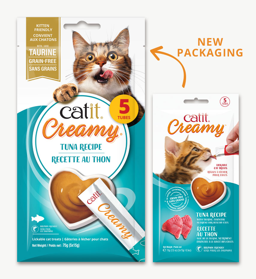 Catit Creamy Tuna Recipe cat treats in old and new packaging designs