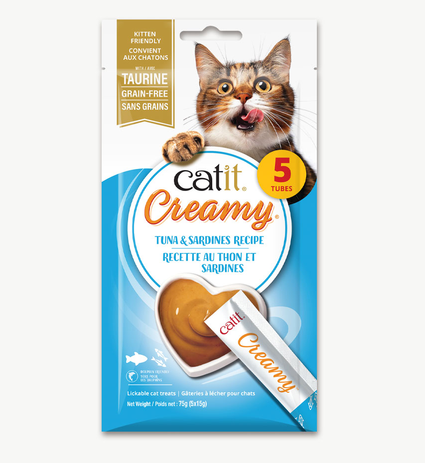 Catit Creamy tuna and sardines recipe lickable cat treat packaging containing 5 tubes