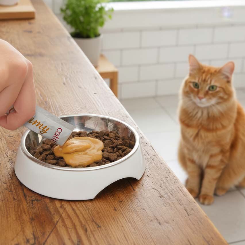 A person squeezes a Catit Creamy treat onto dry cat food in a bowl while an orange cat watches expectantly