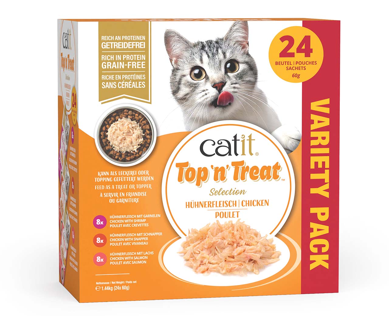 Catit Top 'n' Treat chicken variety pack containing 24 pouches of grain-free cat treats or food toppers