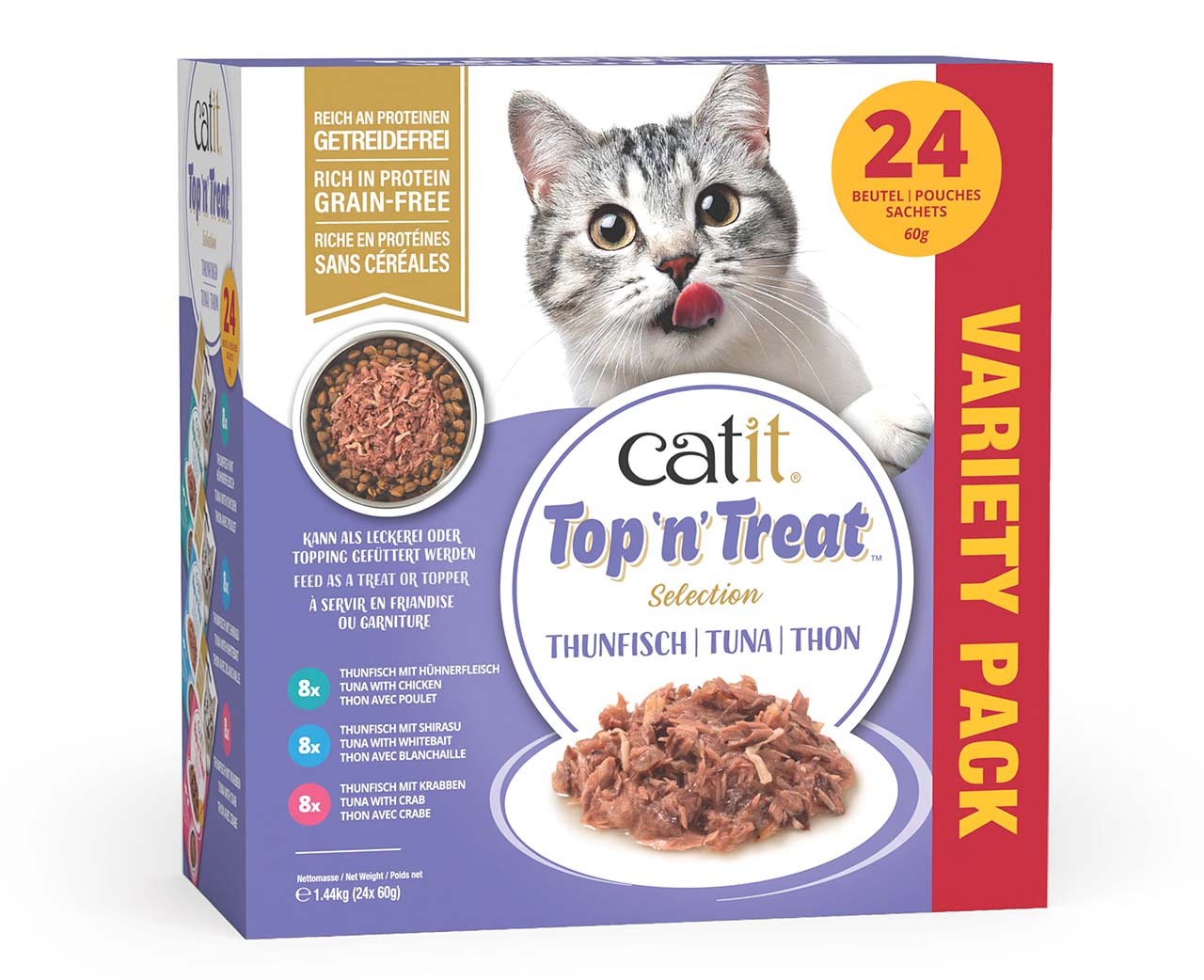 Catit Top 'n' Treat tuna variety pack containing 24 pouches of grain-free cat treats or food toppers