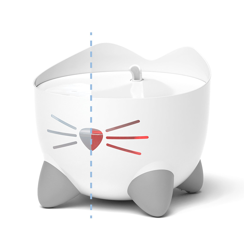 Catit PIXI Mini fountain with a split-view design showing a white nose on the left and a red illuminated nose on the right