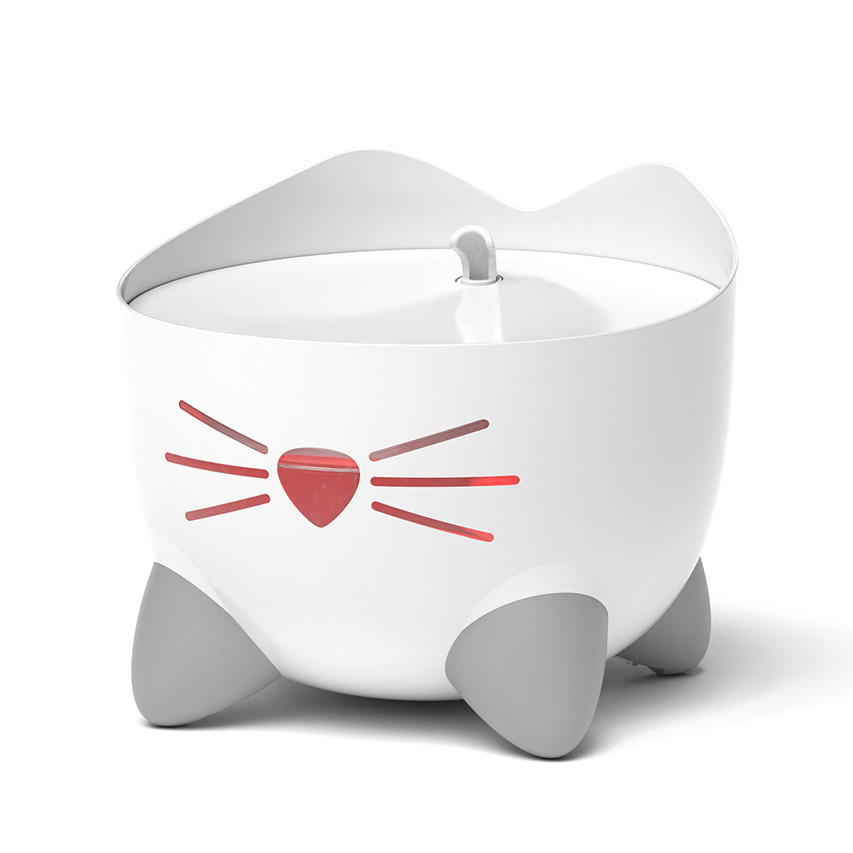 White PIXI cat water fountain with a red glowing nose-shaped light and grey feet