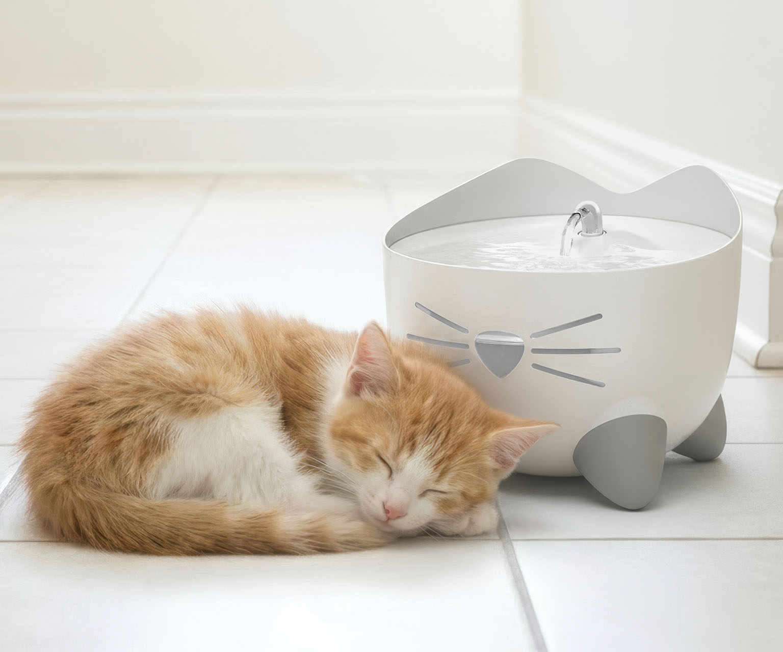 A ginger and white kitten sleeping curled up next to a white PIXI cat water fountain on a tiled floor