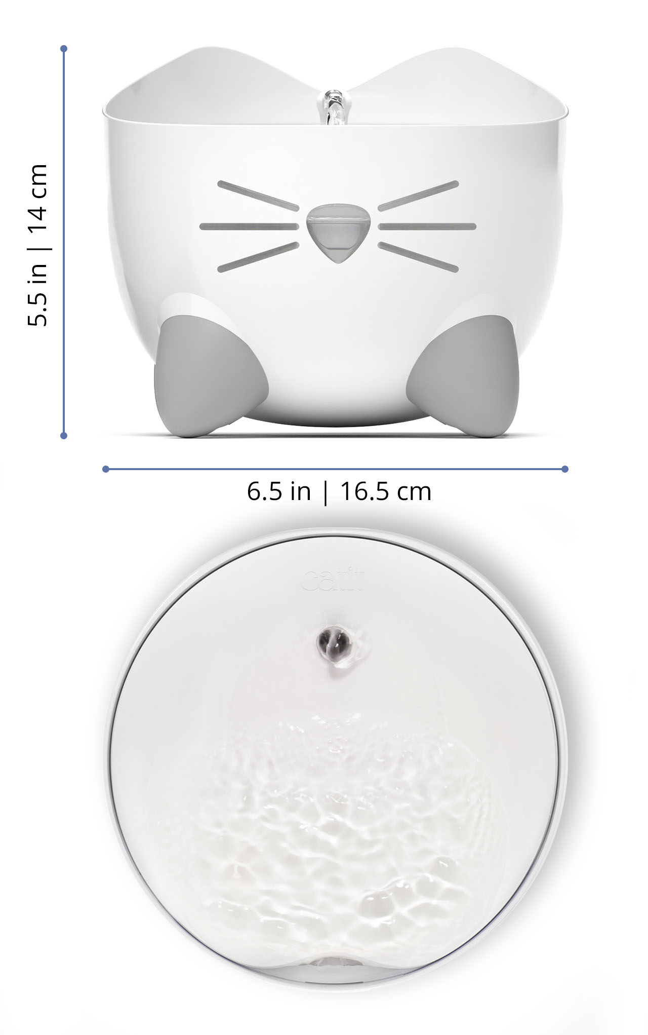 Catit PIXI Mini fountain shown from the front and top with dimensions of 5.5 inches (14 cm) high and 6.5 inches (16.5 cm) wide