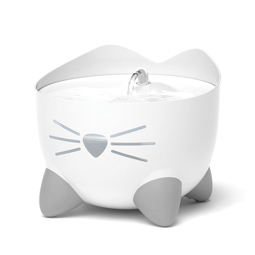 White Catit PIXI Mini fountain with a cat-shaped design, grey feet, and a water spout on a white background