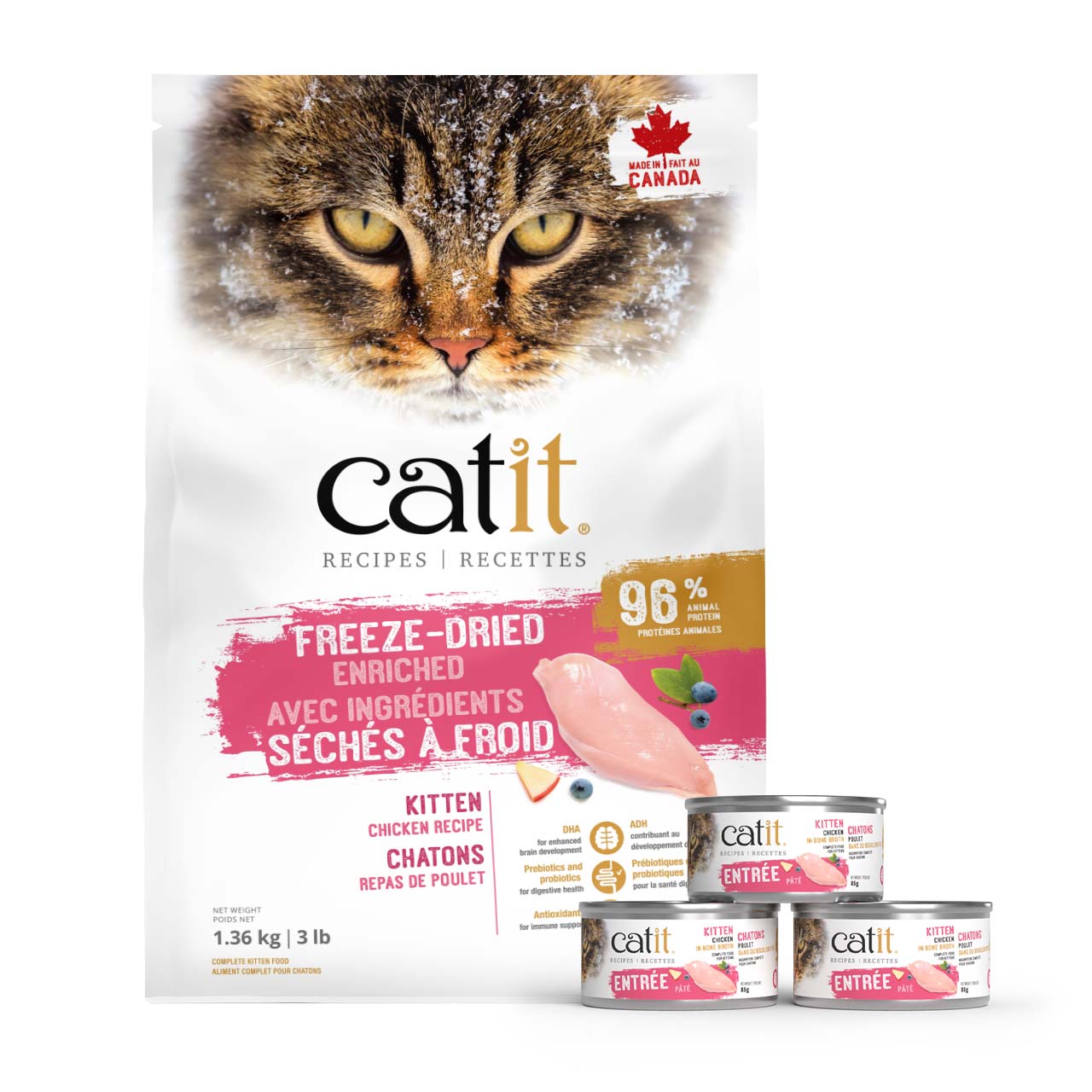 Catit kitten food product bundle featuring a 1.36 kg bag of freeze-dried chicken recipe dry food and three cans of chicken pâté
