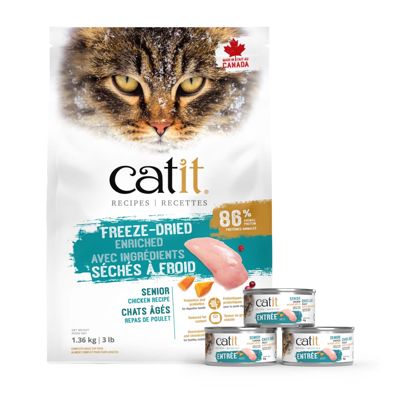 Catit senior chicken recipe dry cat food bag and three cans of wet cat food pate