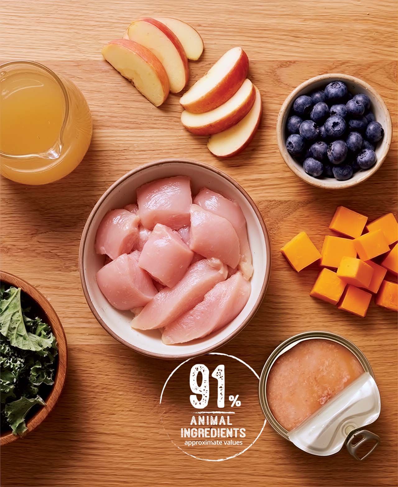 Raw chicken, blueberries, apple slices, kale, and canned food with a label stating 91% animal ingredients
