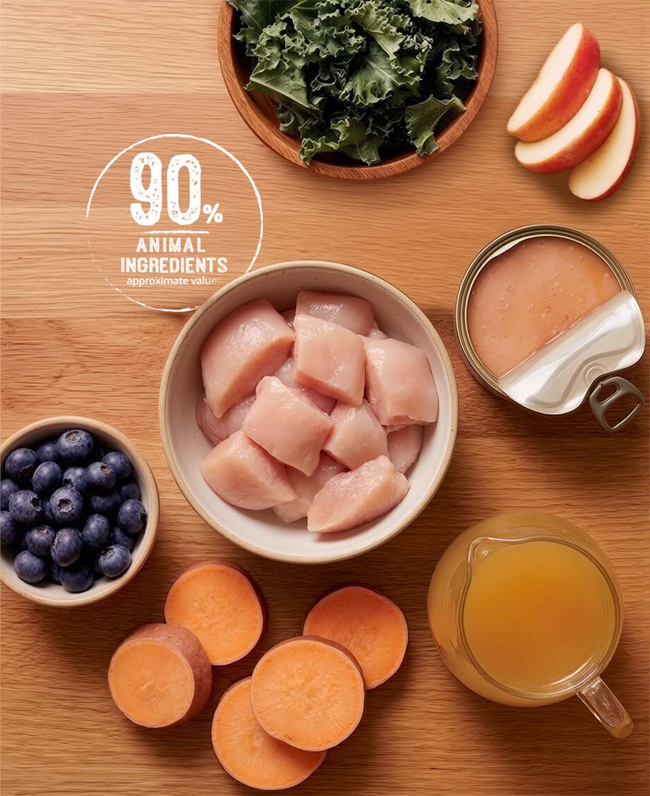 Ingredients for cat food including raw chicken, blueberries, kale, apple slices, sweet potatoes, and broth