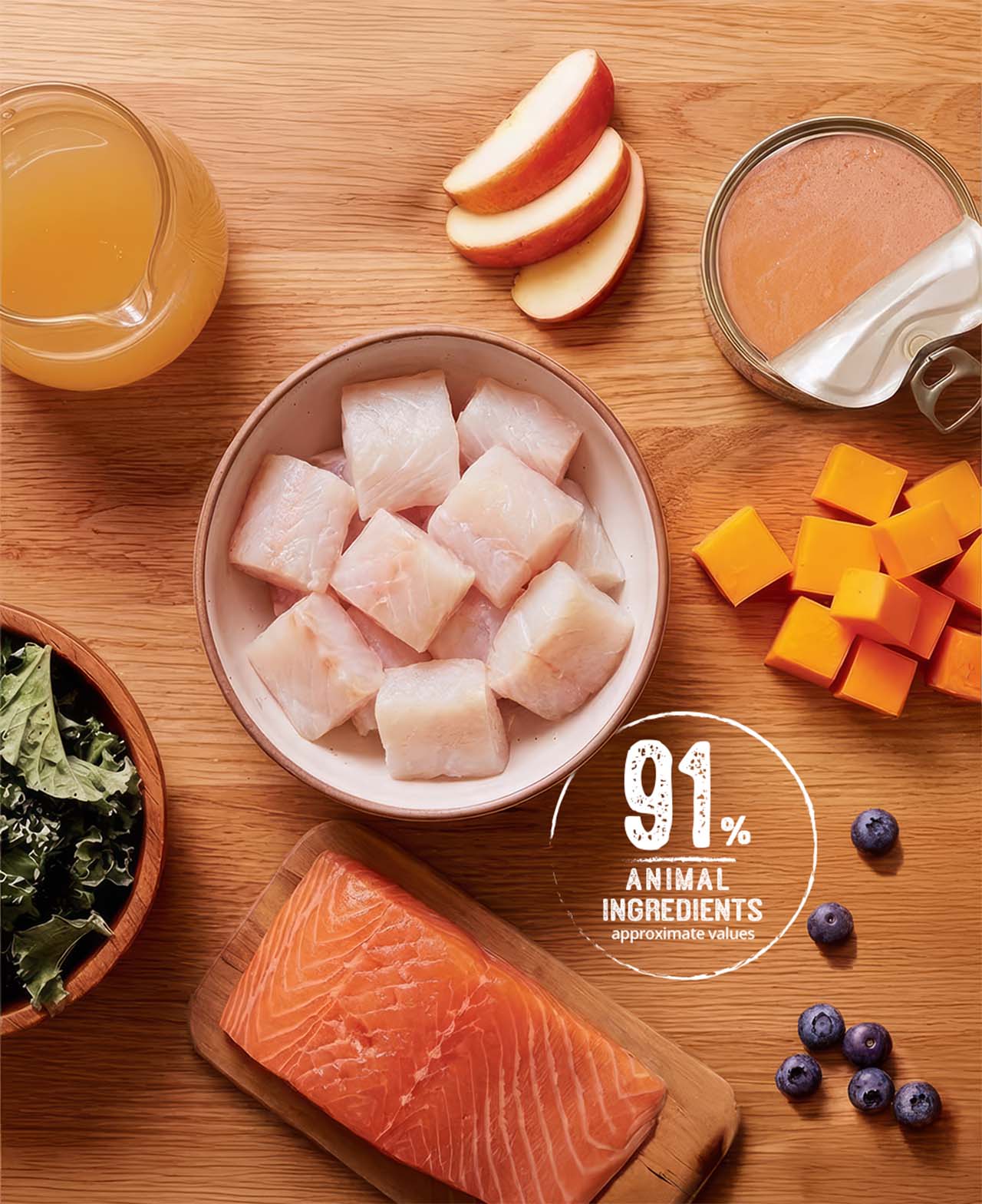 A top-down view of fresh ingredients including raw fish, salmon, blueberries, apple slices, kale, broth, and canned food, with a graphic stating 91% animal ingredients