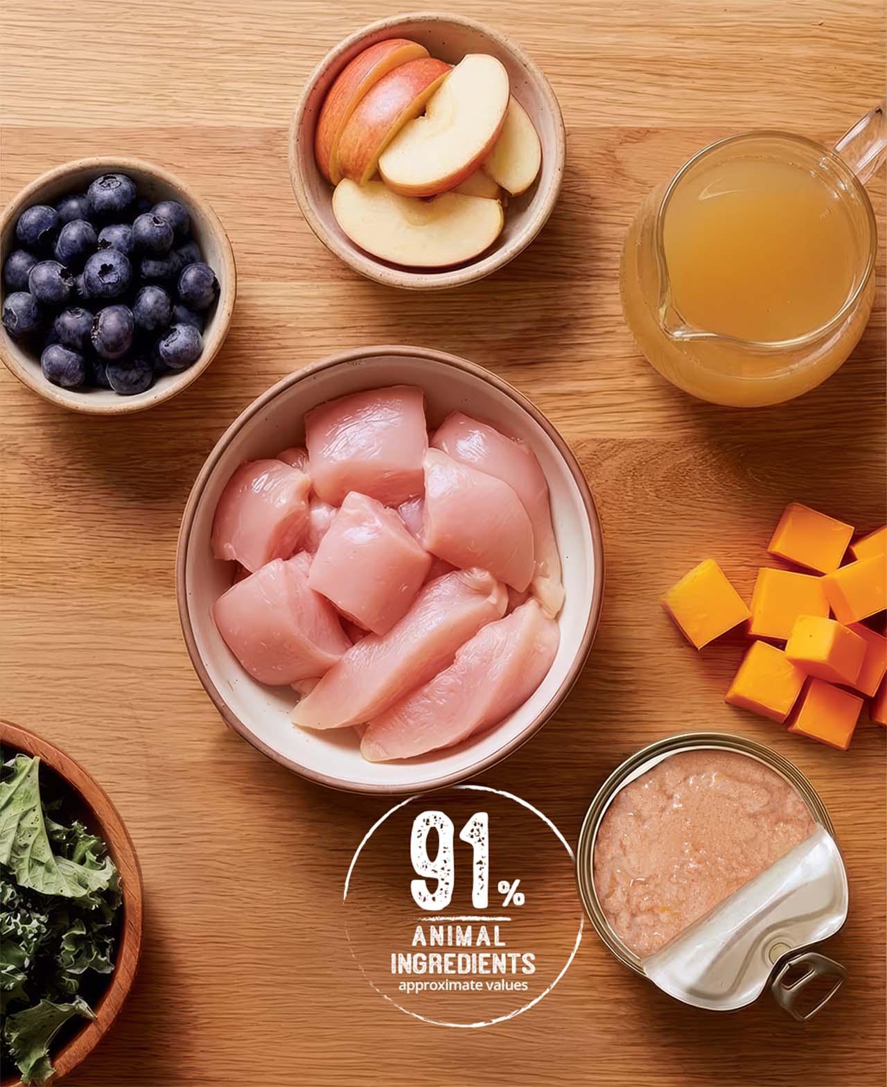 Raw chicken, blueberries, apple slices, broth, kale, and wet cat food with a label stating 91% animal ingredients