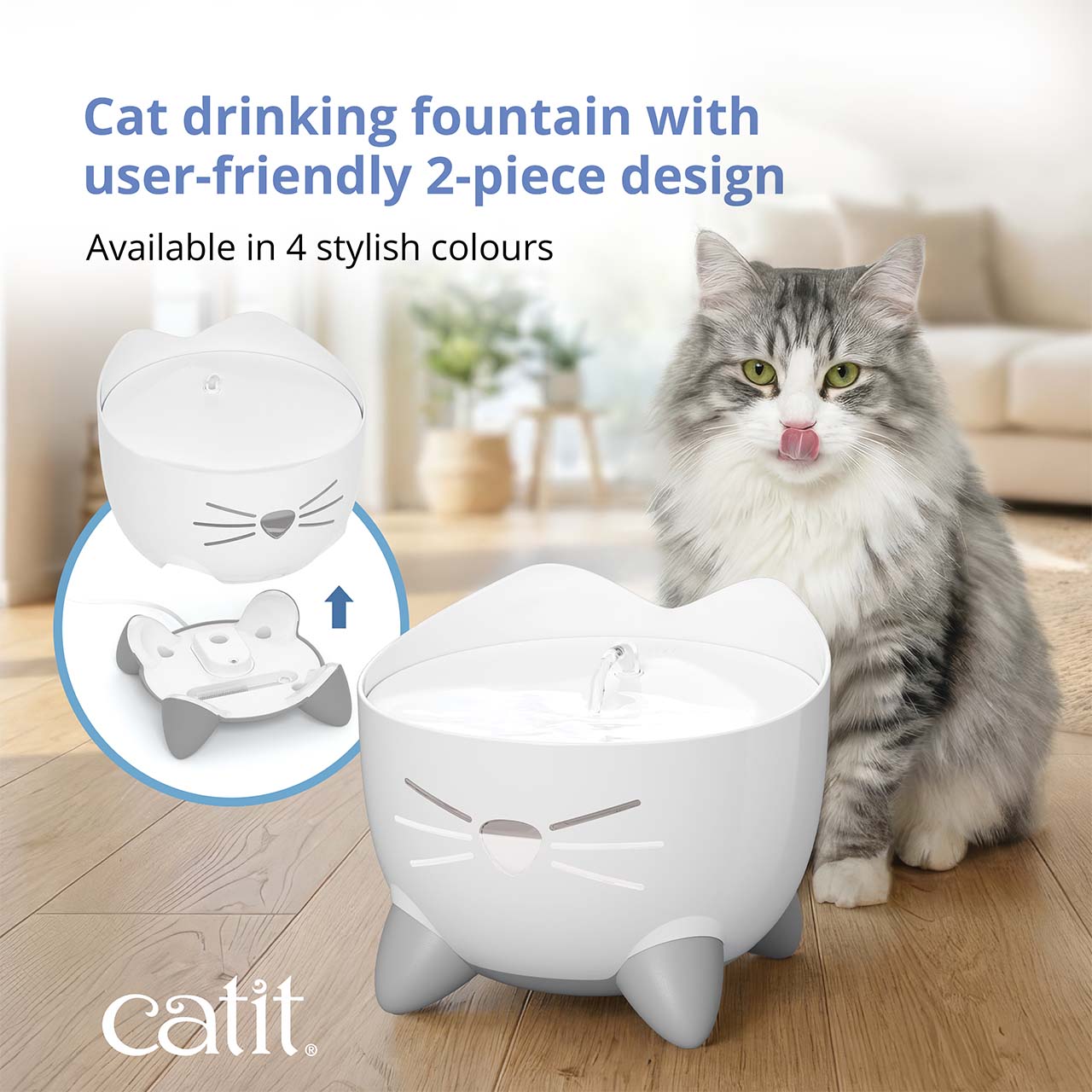 Catit PIXI cat drinking fountain with a 2-piece design and a cat sitting next to it