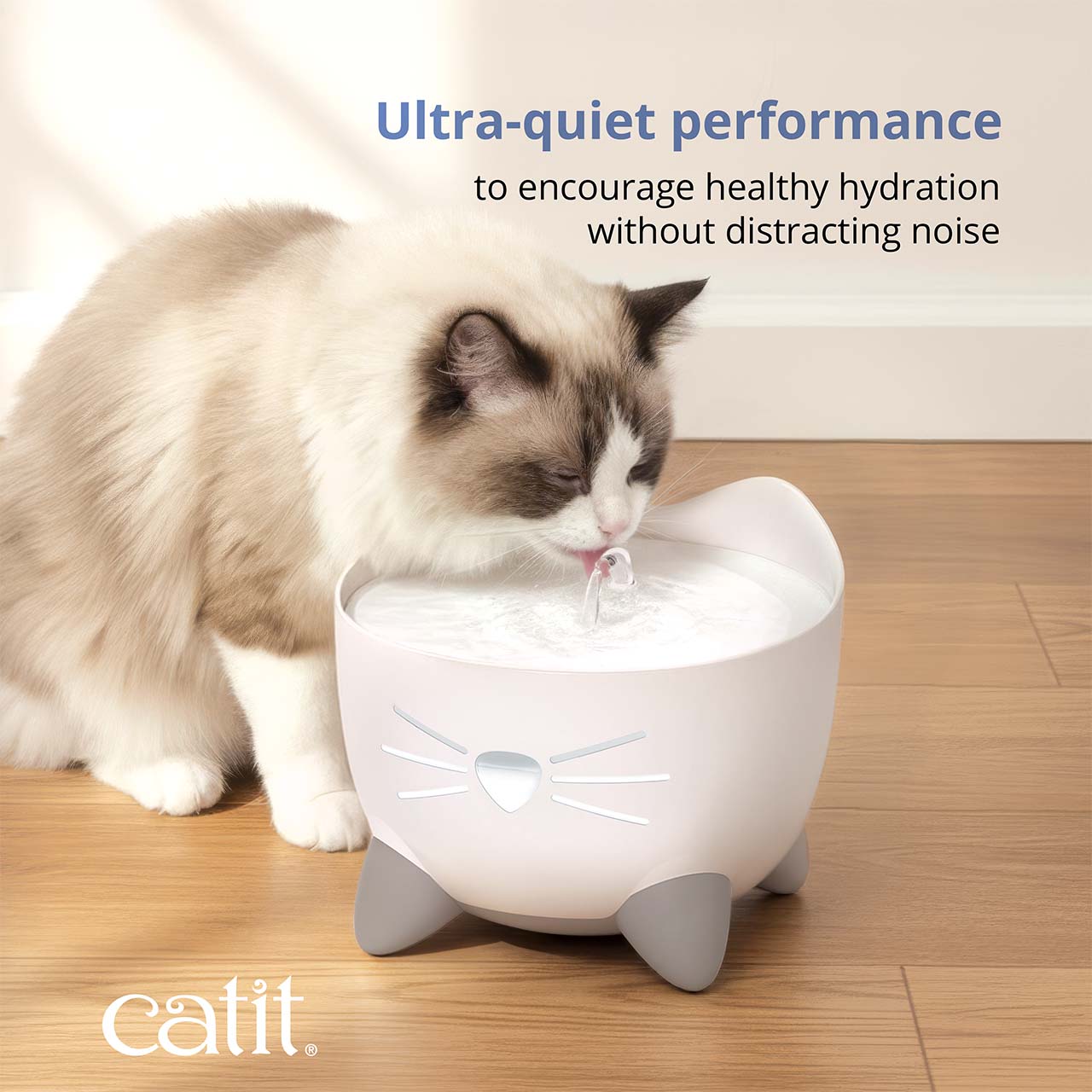 A fluffy cat drinking from a white Catit PIXI water fountain, highlighting its ultra-quiet performance for hydration