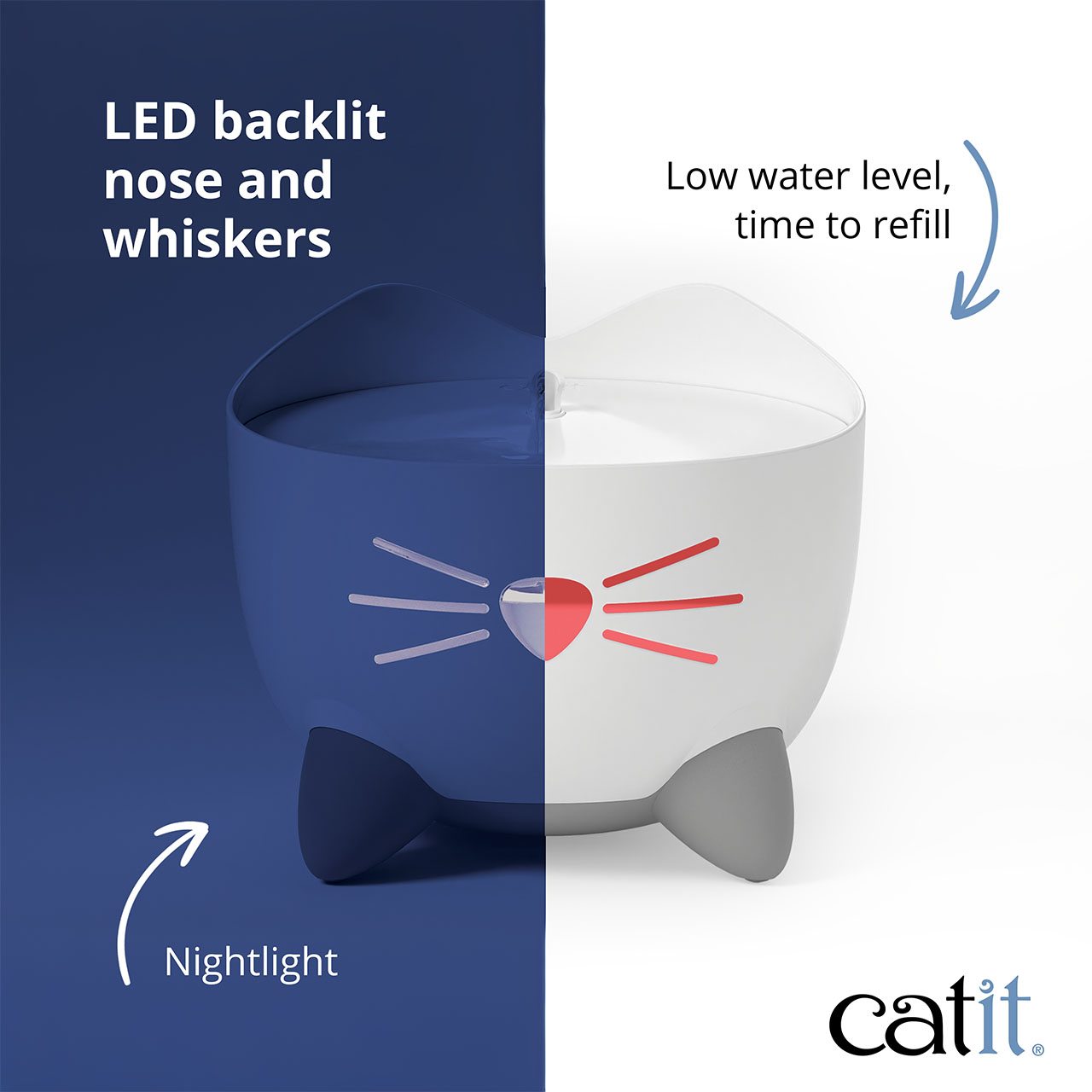 Catit PIXI fountain showing LED status indicators: blue for nightlight mode and red for low water level refill alert
