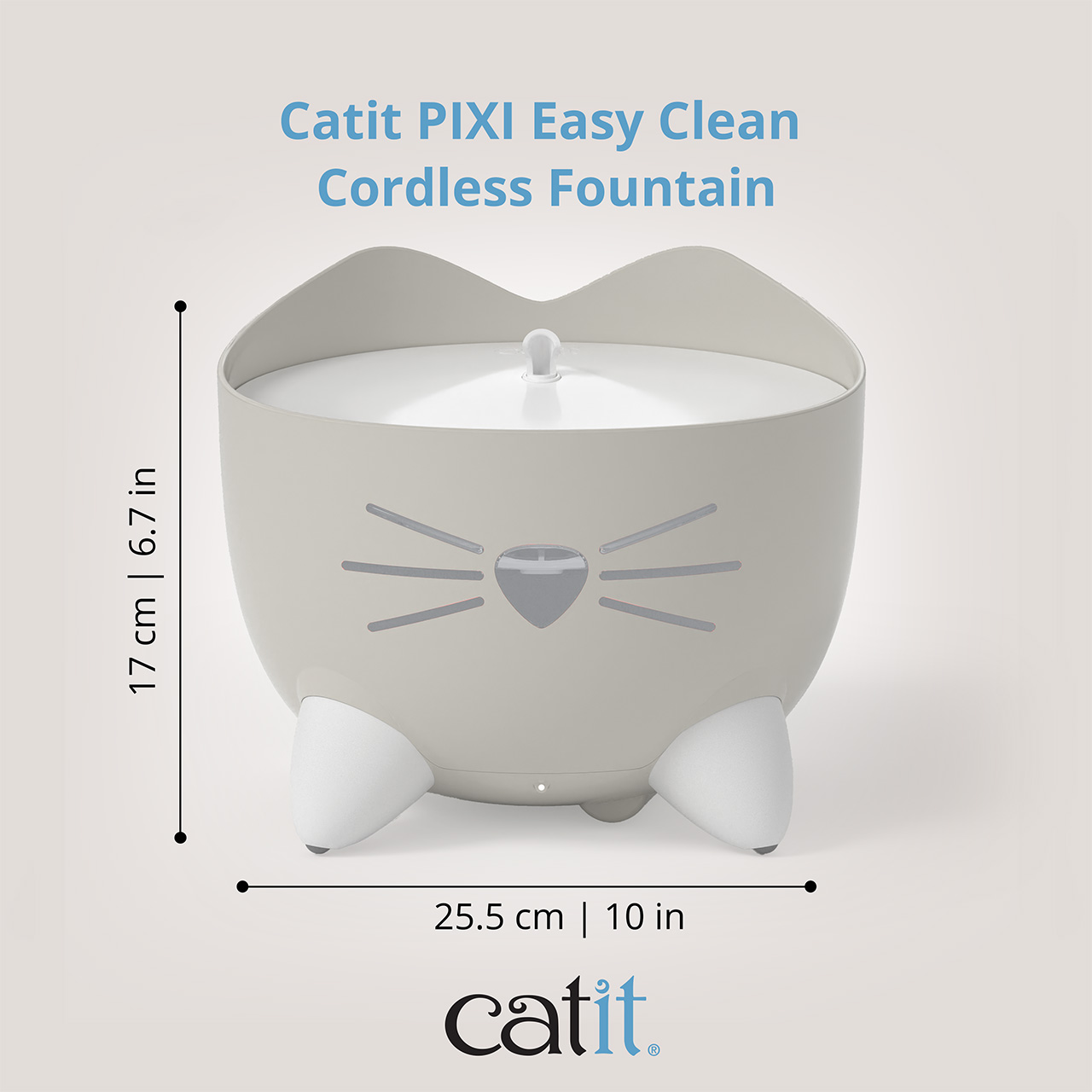 Catit PIXI Easy Clean Cordless Fountain with dimensions of 17 cm (6.7 in) height and 25.5 cm (10 in) width