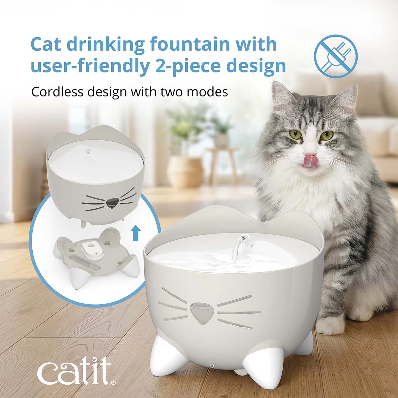 Catit PIXI cordless cat drinking fountain with a 2-piece design and two modes, shown next to a cat