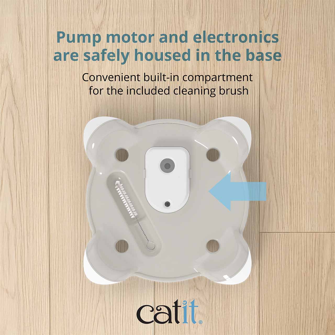 Catit PIXI fountain base showing the built-in storage compartment for the included cleaning brush