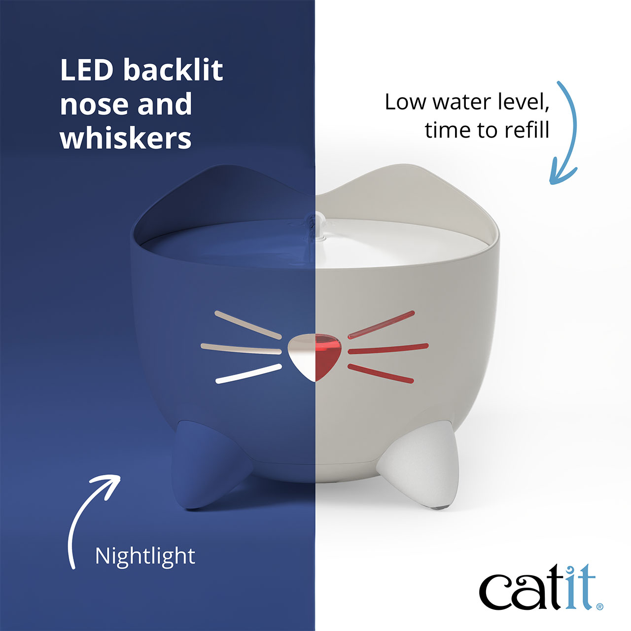 Catit PIXI fountain showing LED nose and whisker indicators for nightlight mode and low water level alerts