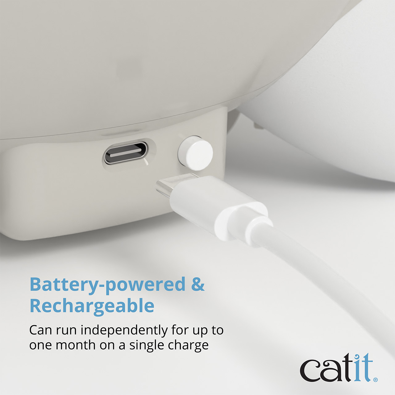 Catit PIXI fountain charging port with a USB-C cable, highlighting its rechargeable battery that lasts up to one month