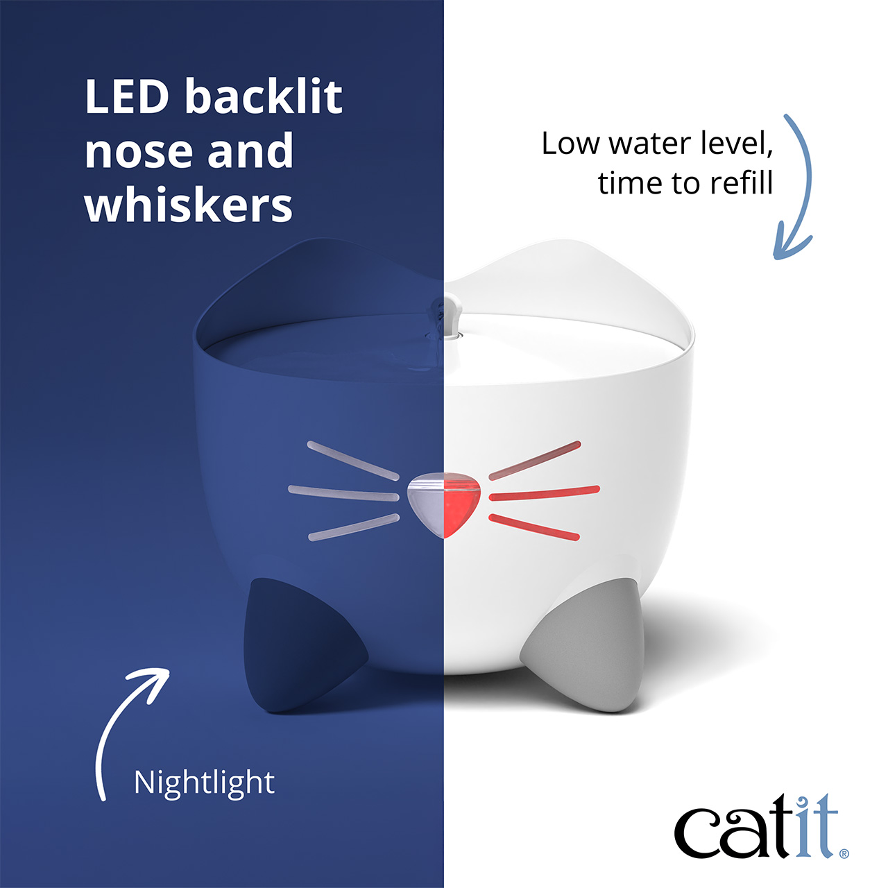 Catit PIXI fountain showing LED nose and whisker status lights for nightlight mode and low water level alerts