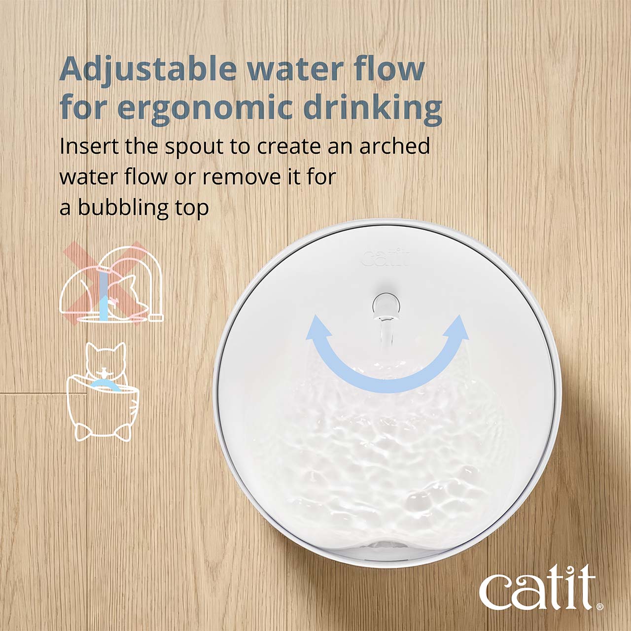 Catit PIXI water fountain with adjustable flow settings for an arched stream or a bubbling top for ergonomic drinking